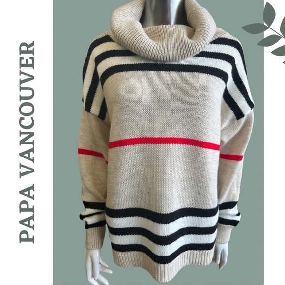 Papa Vancouver Cowl Neck Stripe Multi Color Sweater Tan Black Red White Large - Picture 1 of 7
